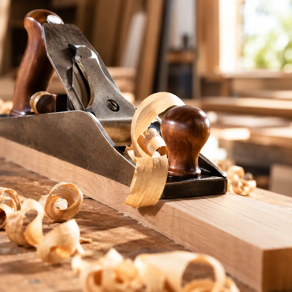 Atelier de menuiserie à Dakar : menuisier découpant une planche de bois massif