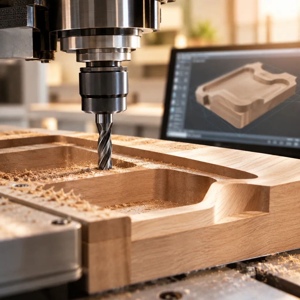 Conception et usinage de pièces en bois sur machine dans un atelier de Dakar